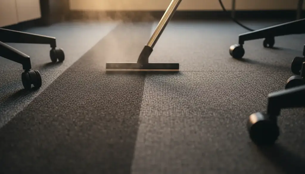 Extraction wand leaving a clean stripe across grey commercial carpet tile