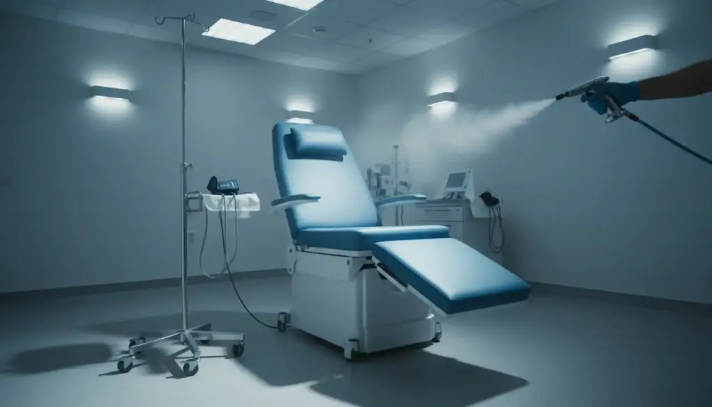Electrostatic disinfectant mist drifting over a clinic treatment chair