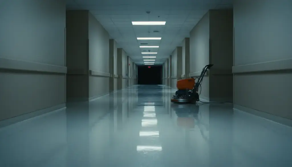 Refinished vinyl floor in a long hospital corridor with a burnisher parked at the far end