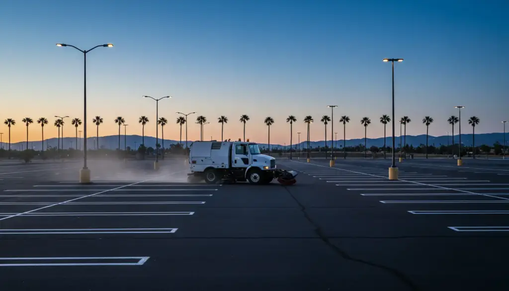 Sweeper truck working an empty parking lot at dusk with palms on the horizon